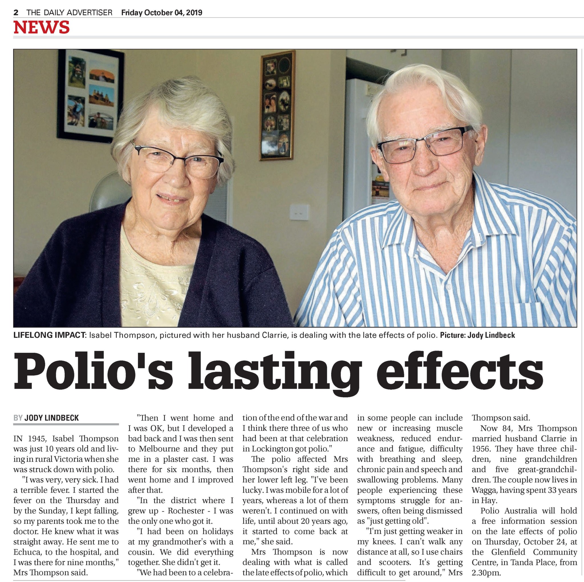 “Polio’s Lasting Effects” – The Daily Advertiser – Polio Australia – We ...